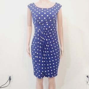 Connected Apperal Blue & White Polka Dot Faux Wrap Cap Sleeve Dress Size: 10